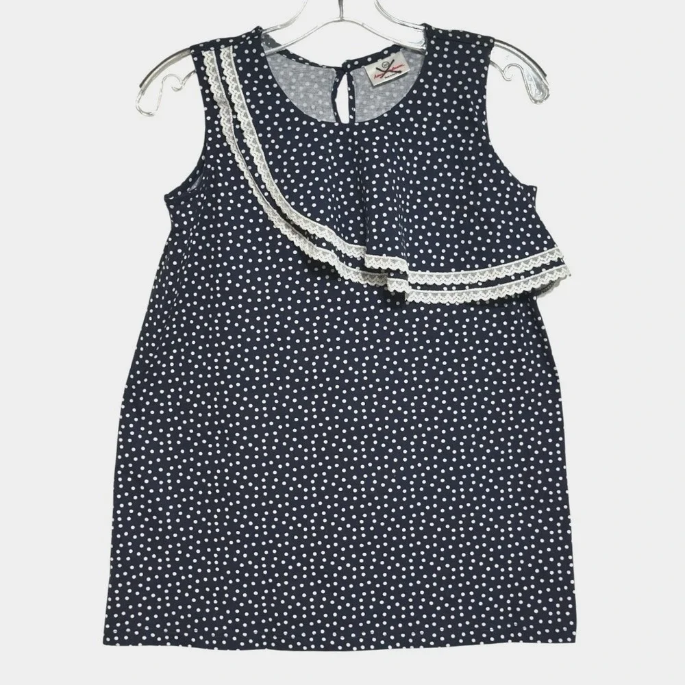 Hanna Andersson Polka Dot Top Kids Navy Blue Lace‎ Ruffle Nautical 160/14